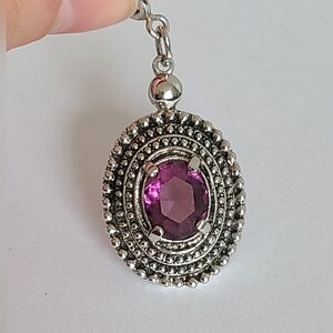 Vintage Sarah Coventry Silver Tone Ethnic Boho Purple Glass Oval Pendant Charm